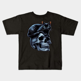 black cat sitting on top of skull Kids T-Shirt